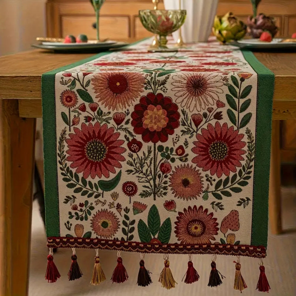 Embroidered Table Runner with Tassels and Floral Design