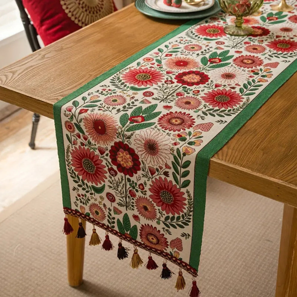 Embroidered Table Runner with Tassels and Floral Design