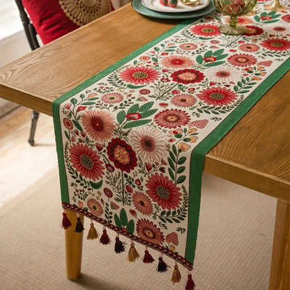 Embroidered Table Runner with Tassels and Floral Design