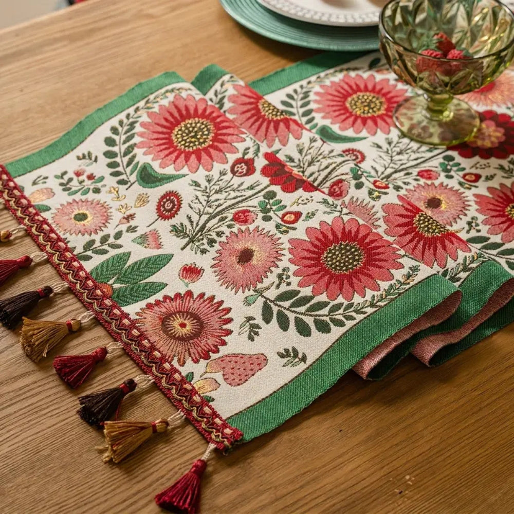 Embroidered Table Runner with Tassels and Floral Design