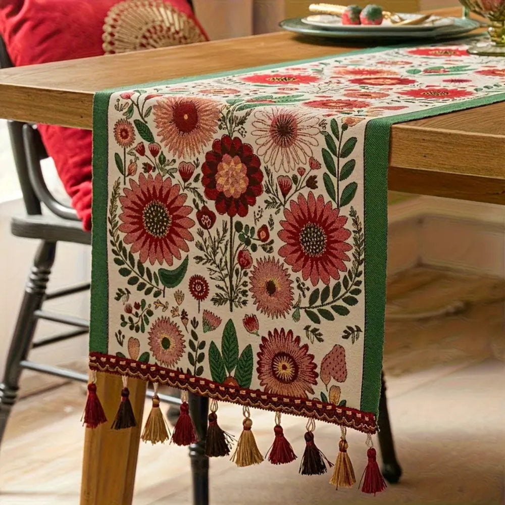 Embroidered Table Runner with Tassels and Floral Design