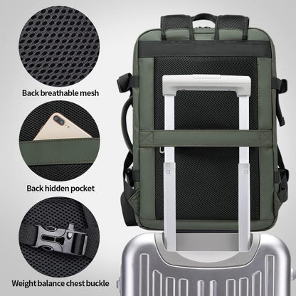 Expandable 26–45L Waterproof Travel Backpack with Laptop Sleeve & Duffle Carry
