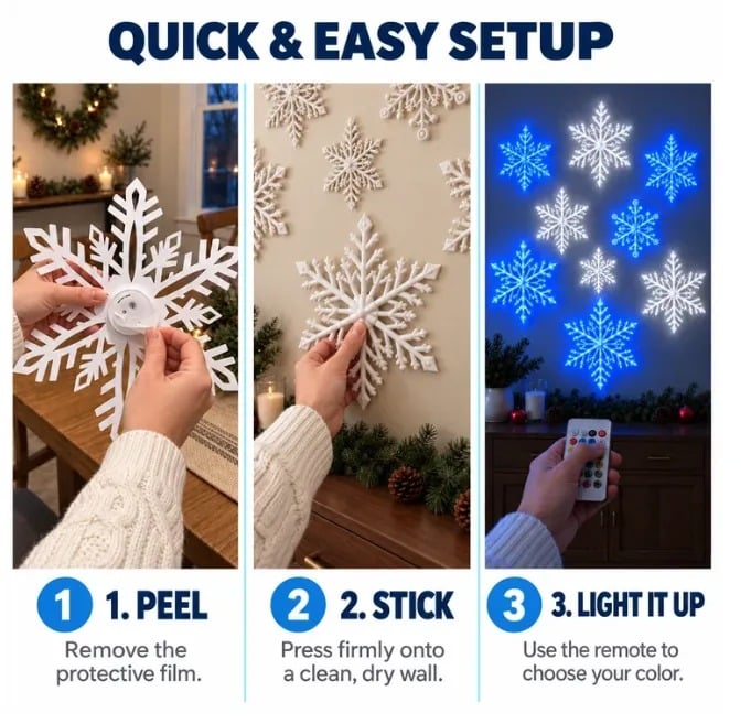 LED Snowflake Wall Lights | 3D Christmas Snowflake Décor with Blue & White Glow, Remote Control & Magical Indoor Holiday Atmosphere