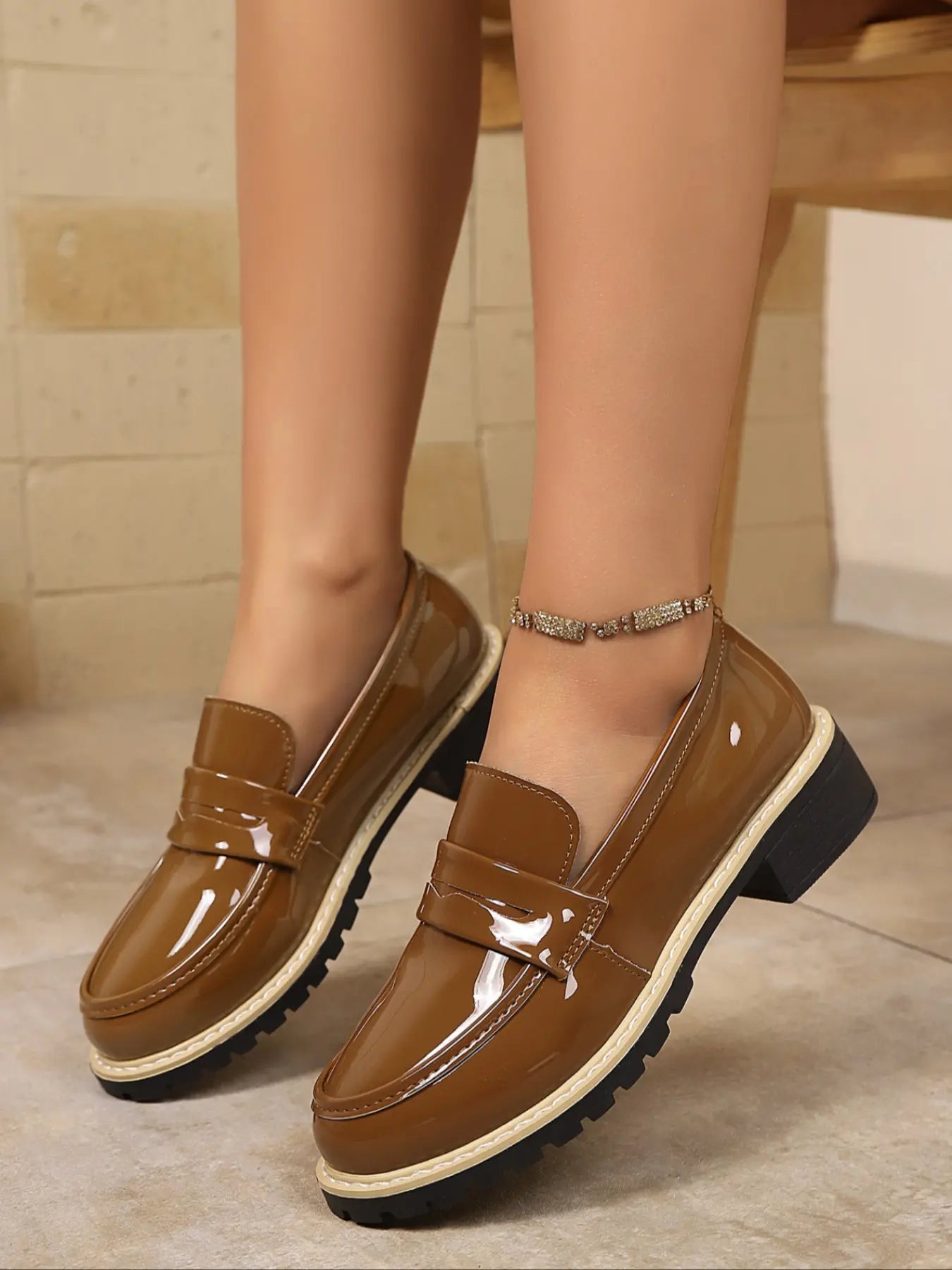 Women's Faux Leather Loafers – Pointed Toe, Chunky Sole, Low Heel