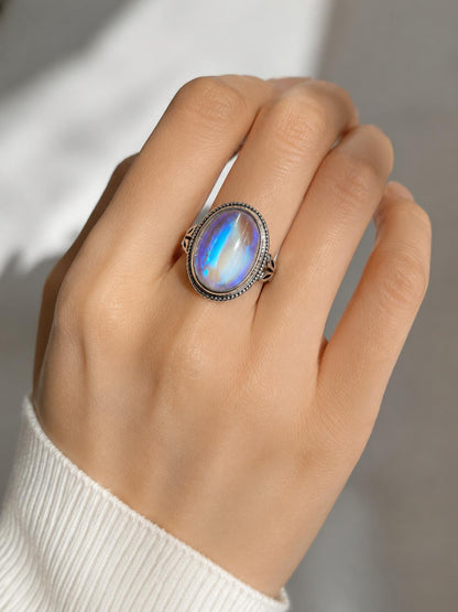 Vintage Rainbow Moonstone Ring-Oval Cabochon Filigree Jewelry