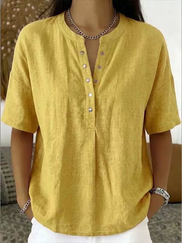 New Arrivals Women’s Casual Henley Collar Linen And Cotton Short-sleeve Shirt