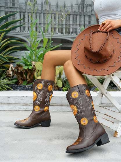 Women's Vintage Embroidered Mid-Calf Boots – Western