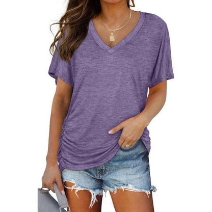 Womens Short Sleeve V Neck Dolman Tops with Side Shirring Loose Fit Shirts