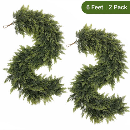 CHRISTMAS FAVORITE | Artificial Cedar Garland 2-Pack – 6 FT Faux Greenery for Mantels, Tables, Stairs & Walls