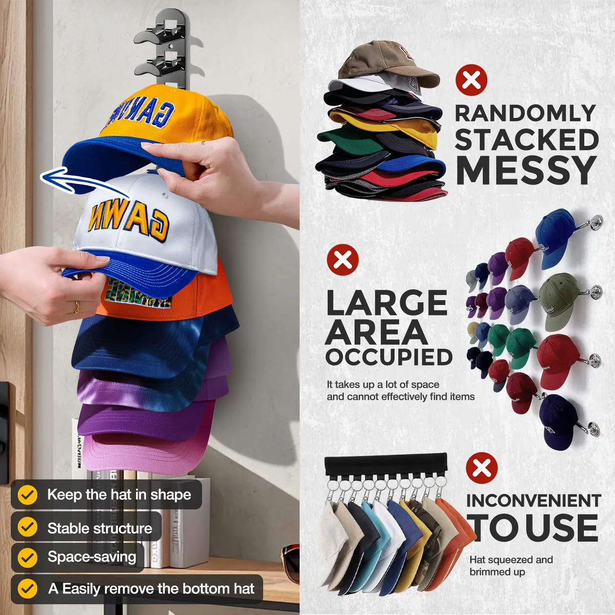 Wall-mounted hat rack – each rack can hold 10 hats