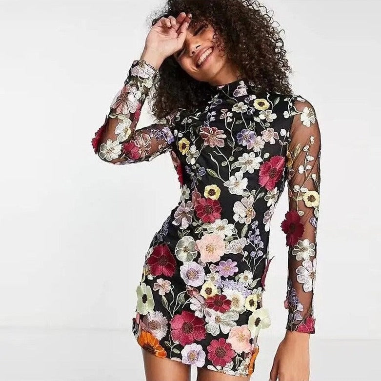 Faurra - Floral Dress for Women with High Collar and Long Sleeves
