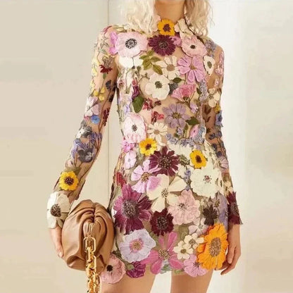 Faurra - Floral Dress for Women with High Collar and Long Sleeves