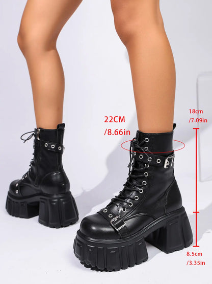 Women's Punk Mid-Calf Boots – Chunky Sole, High Heel