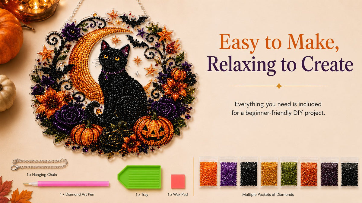 Black Cat Moon Diamond Art Hanging Ornament Kit – Relaxing DIY Halloween Craft
