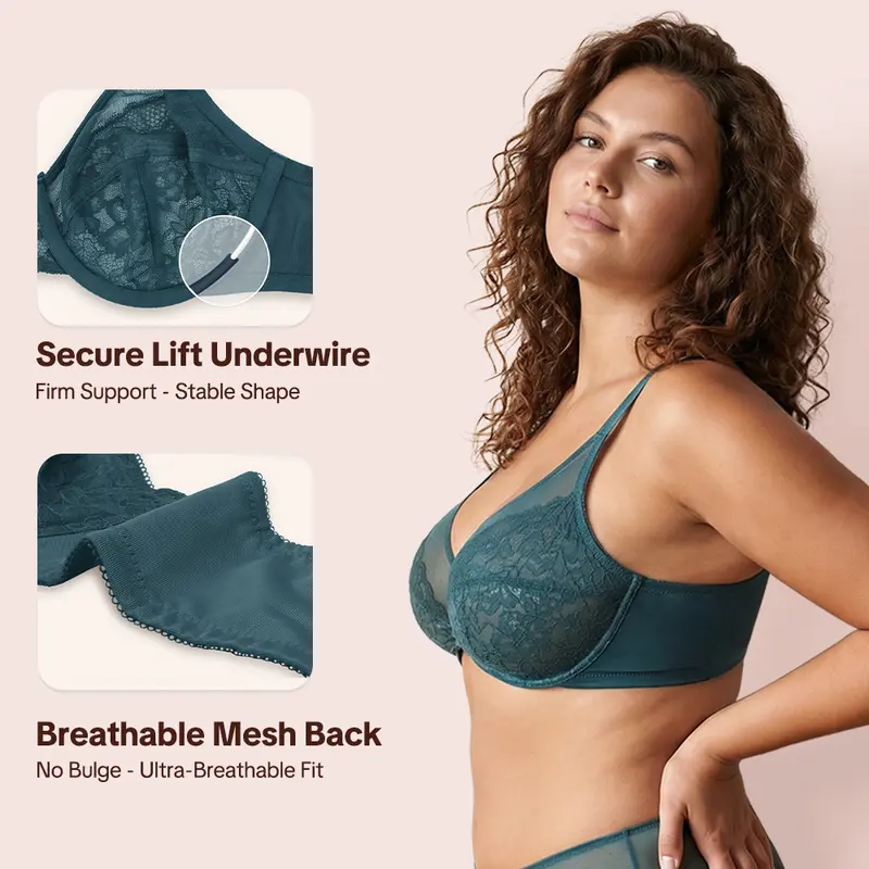 Enchante Floral Lace Plus Size Underwire Unlined Unpadded Minimizer Full Coverage Bra Women's Wear Comfortable Breathable Mesh Cup