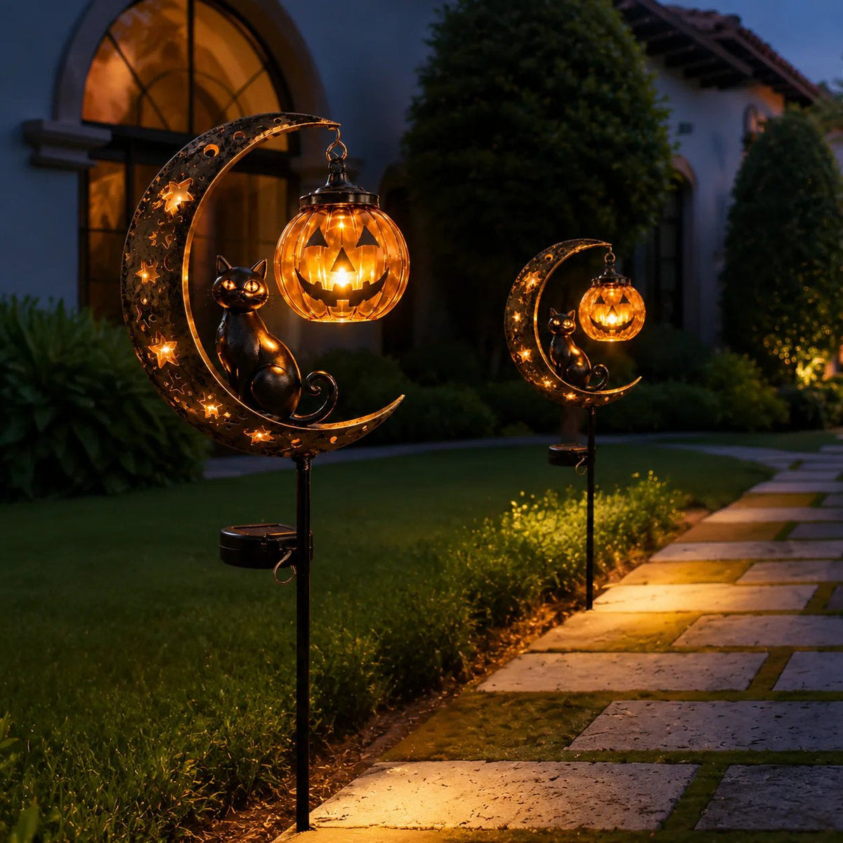 Solar Black Cat & Pumpkin Moon Stake Light
