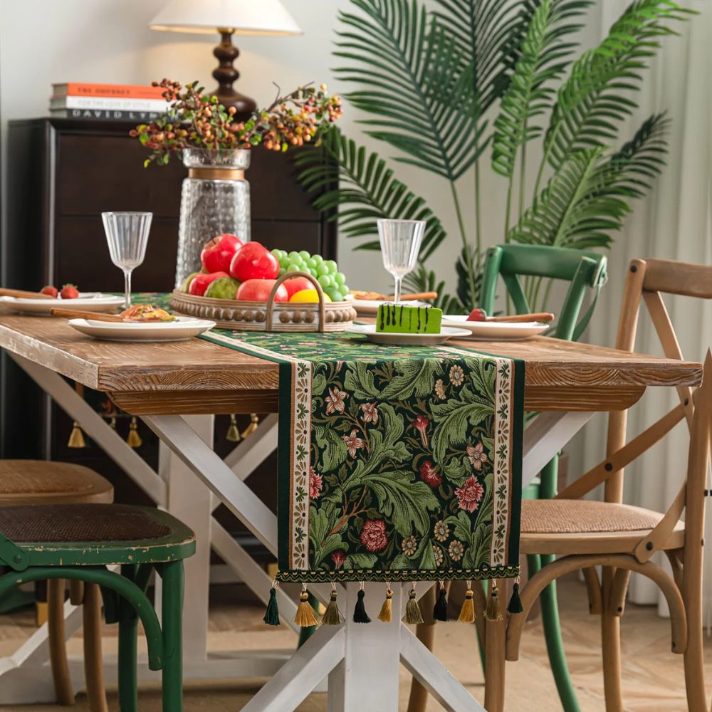 Flora Vine Embroidered Table Runner with Tassels