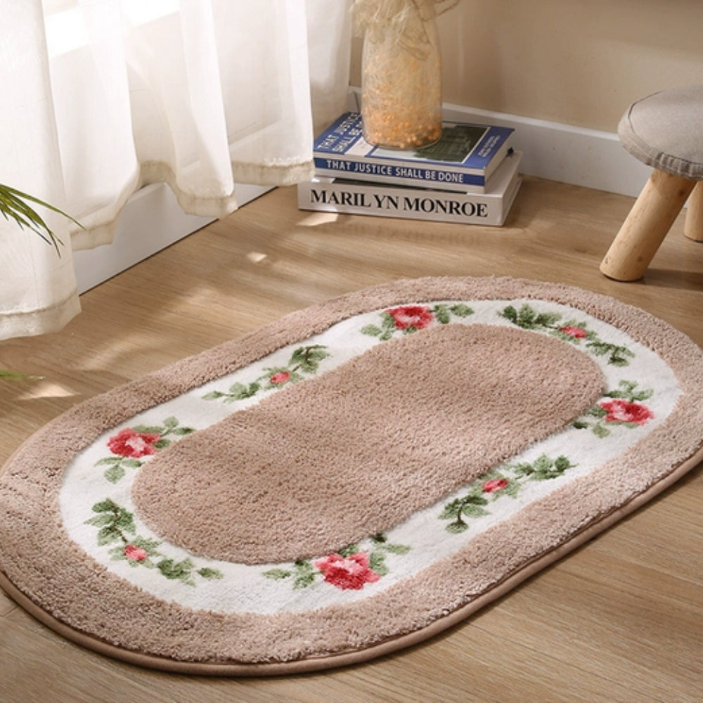 Oval Bath Mat with Plush Floral Design