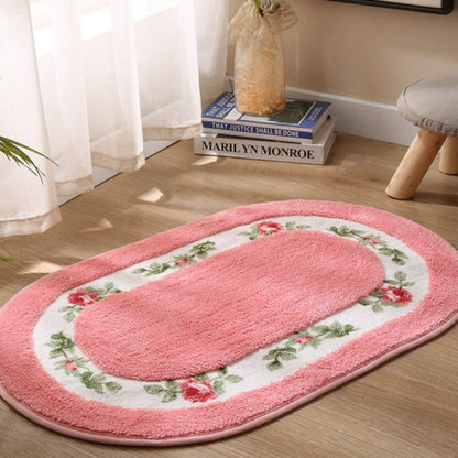 Oval Bath Mat with Plush Floral Design