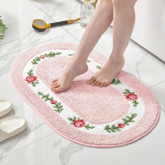 Oval Bath Mat with Plush Floral Design
