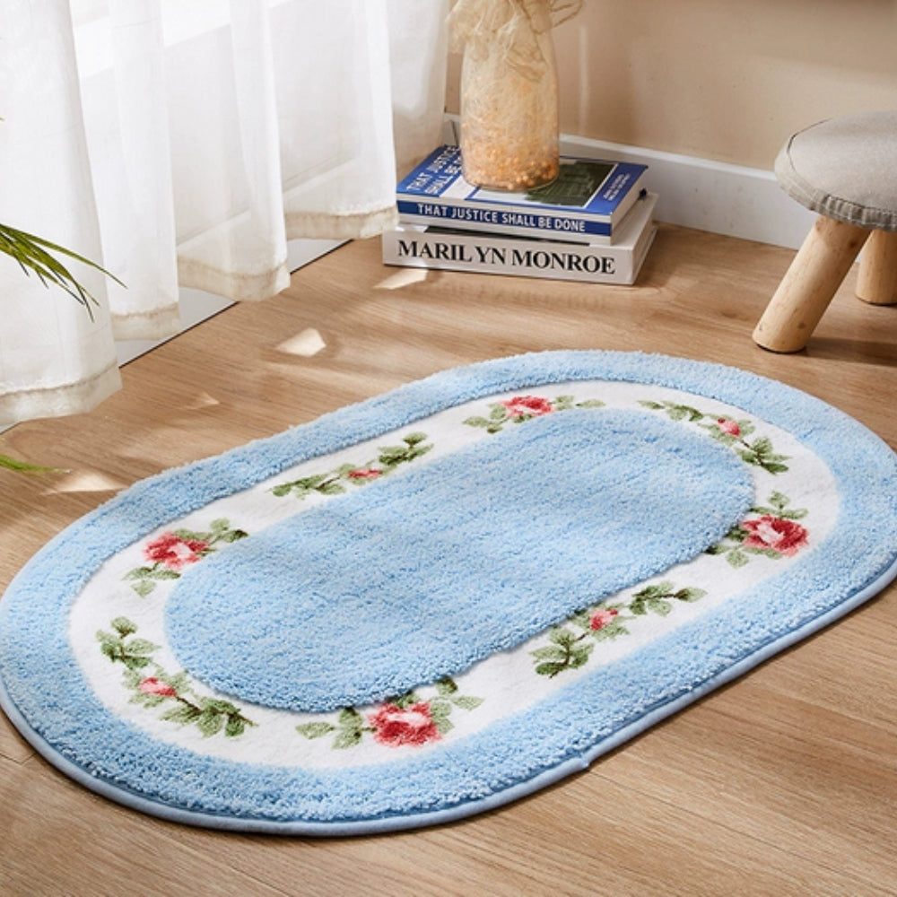 Oval Bath Mat with Plush Floral Design