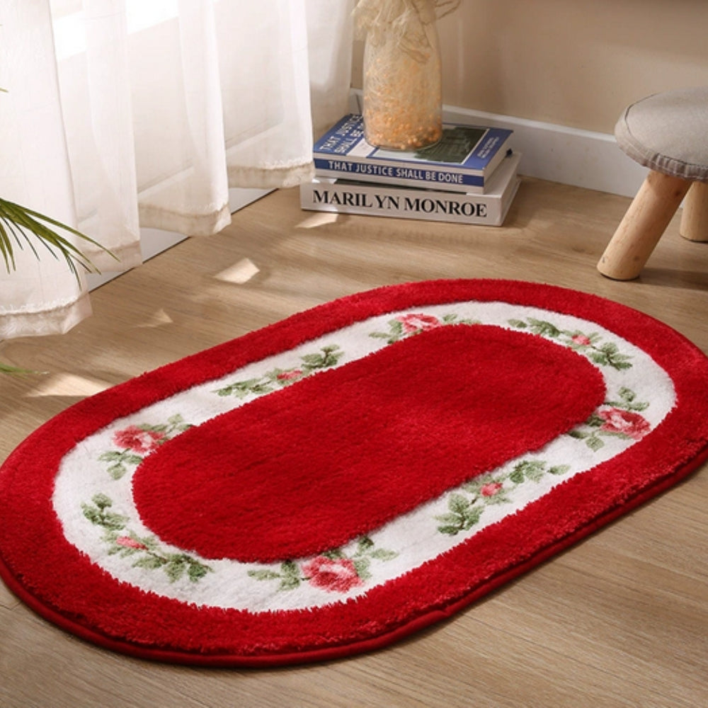 Oval Bath Mat with Plush Floral Design