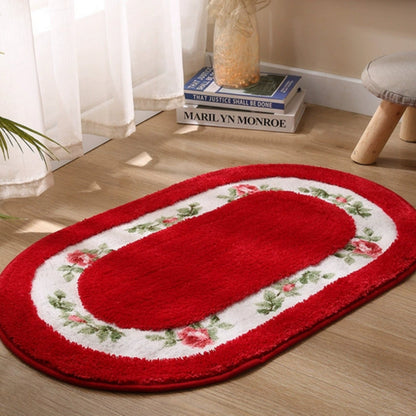 Oval Bath Mat with Plush Floral Design