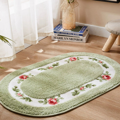 Oval Bath Mat with Plush Floral Design