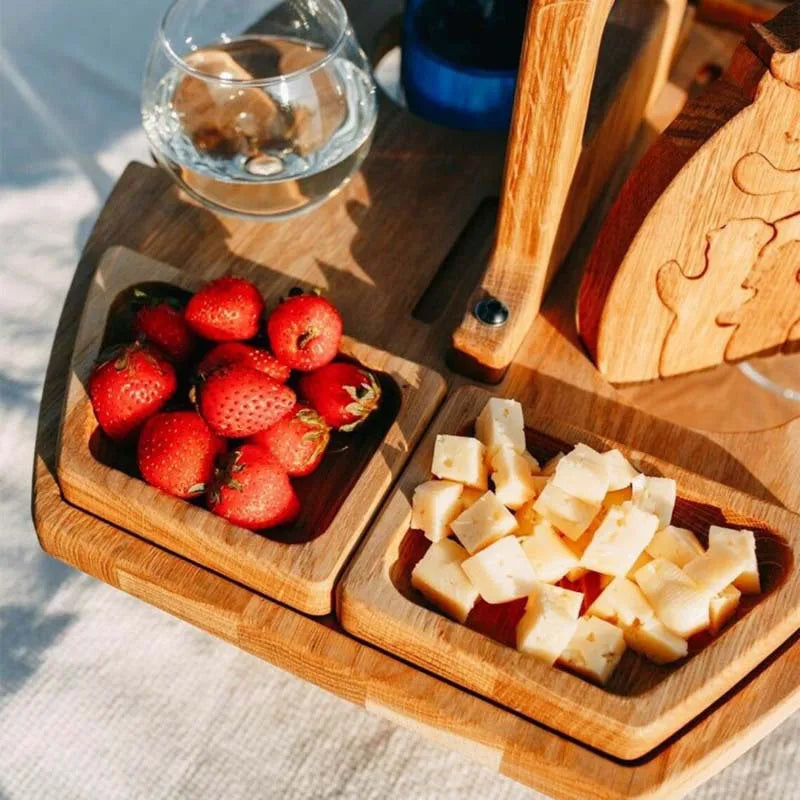 Foldable Wooden Picnic Table for Wine – Round Outdoor Snack Tray with Cup Holders for an Elegant Outdoor Dinner