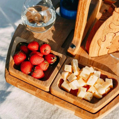 Foldable Wooden Picnic Table for Wine – Round Outdoor Snack Tray with Cup Holders for an Elegant Outdoor Dinner