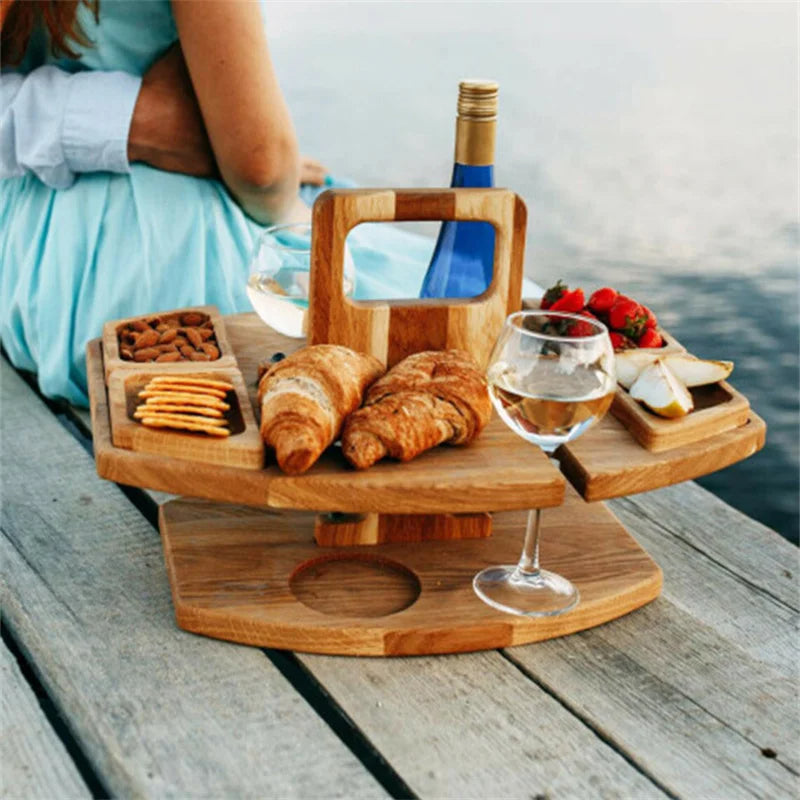 Foldable Wooden Picnic Table for Wine – Round Outdoor Snack Tray with Cup Holders for an Elegant Outdoor Dinner