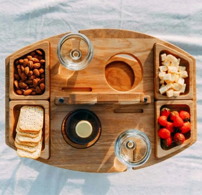 Foldable Wooden Picnic Table for Wine – Round Outdoor Snack Tray with Cup Holders for an Elegant Outdoor Dinner
