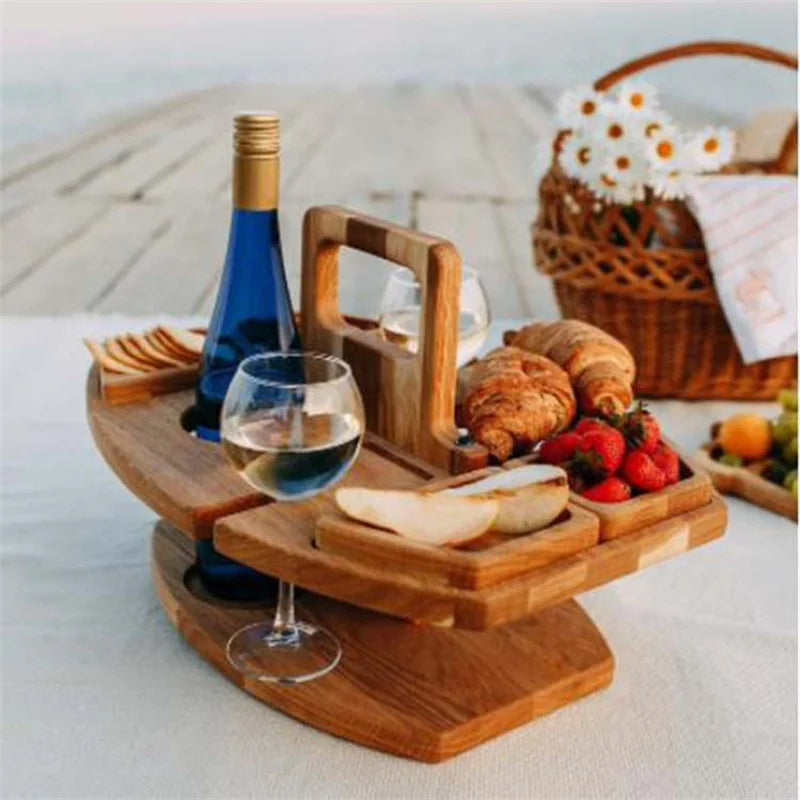 Foldable Wooden Picnic Table for Wine – Round Outdoor Snack Tray with Cup Holders for an Elegant Outdoor Dinner