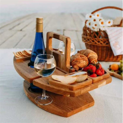 Foldable Wooden Picnic Table for Wine – Round Outdoor Snack Tray with Cup Holders for an Elegant Outdoor Dinner