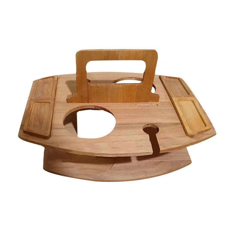 Foldable Wooden Picnic Table for Wine – Round Outdoor Snack Tray with Cup Holders for an Elegant Outdoor Dinner