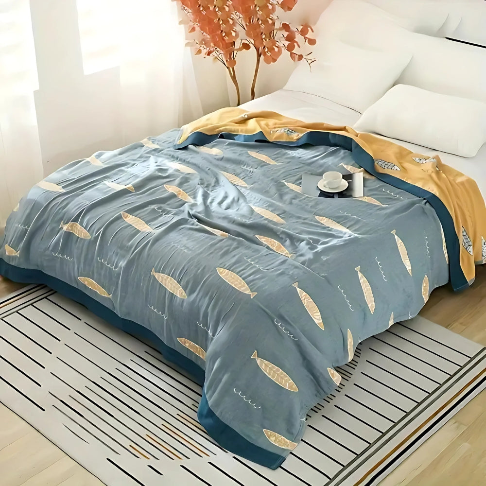 Cotton Gauze Reversible Throw with Fish Design