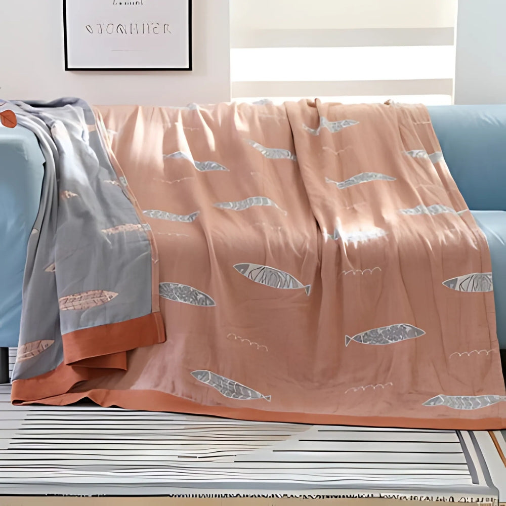 Cotton Gauze Reversible Throw with Fish Design