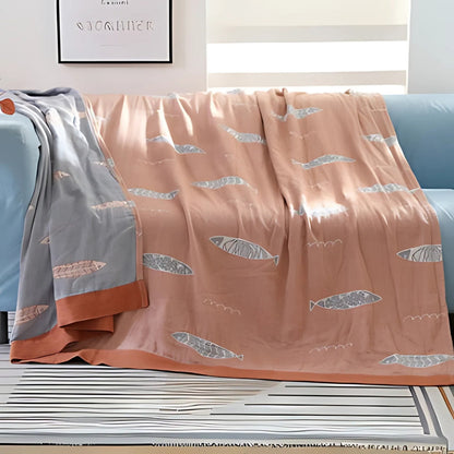 Cotton Gauze Reversible Throw with Fish Design