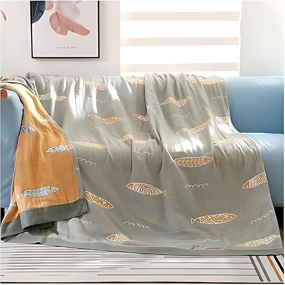 Cotton Gauze Reversible Throw with Fish Design