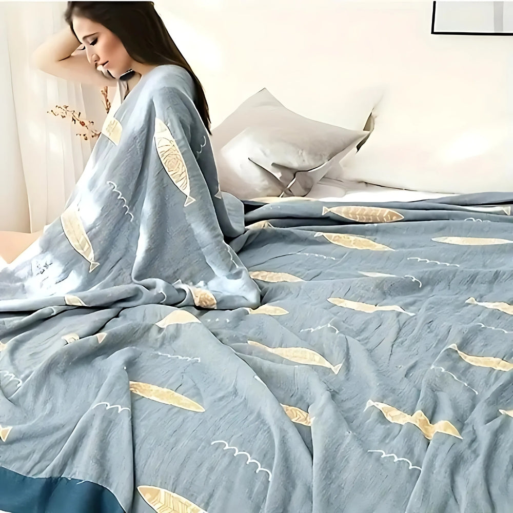 Cotton Gauze Reversible Throw with Fish Design