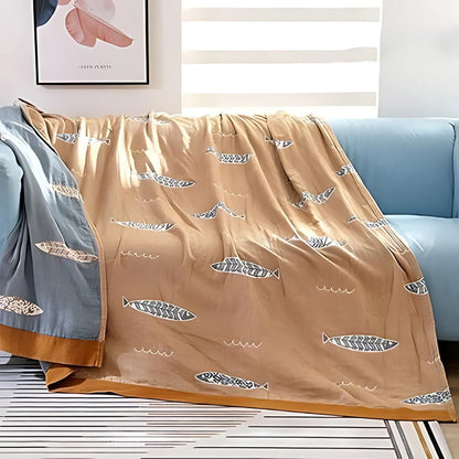 Cotton Gauze Reversible Throw with Fish Design