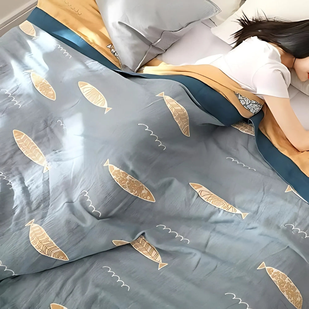 Cotton Gauze Reversible Throw with Fish Design