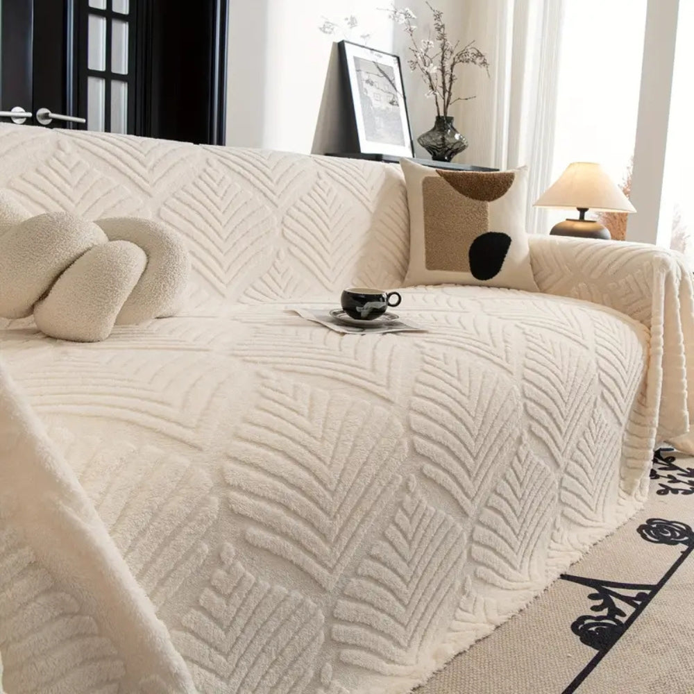 Fleece Sofa Protector with Herringbone Leaf Pattern
