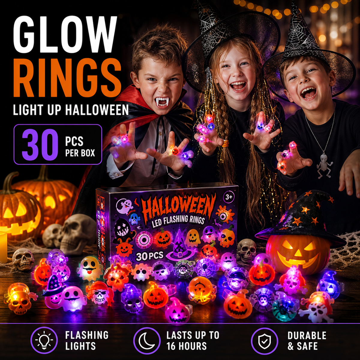 50 Pieces Each Box‼LED Light Halloween Glowing Ring | Flashing Light‑Up Party Favor for Halloween Night