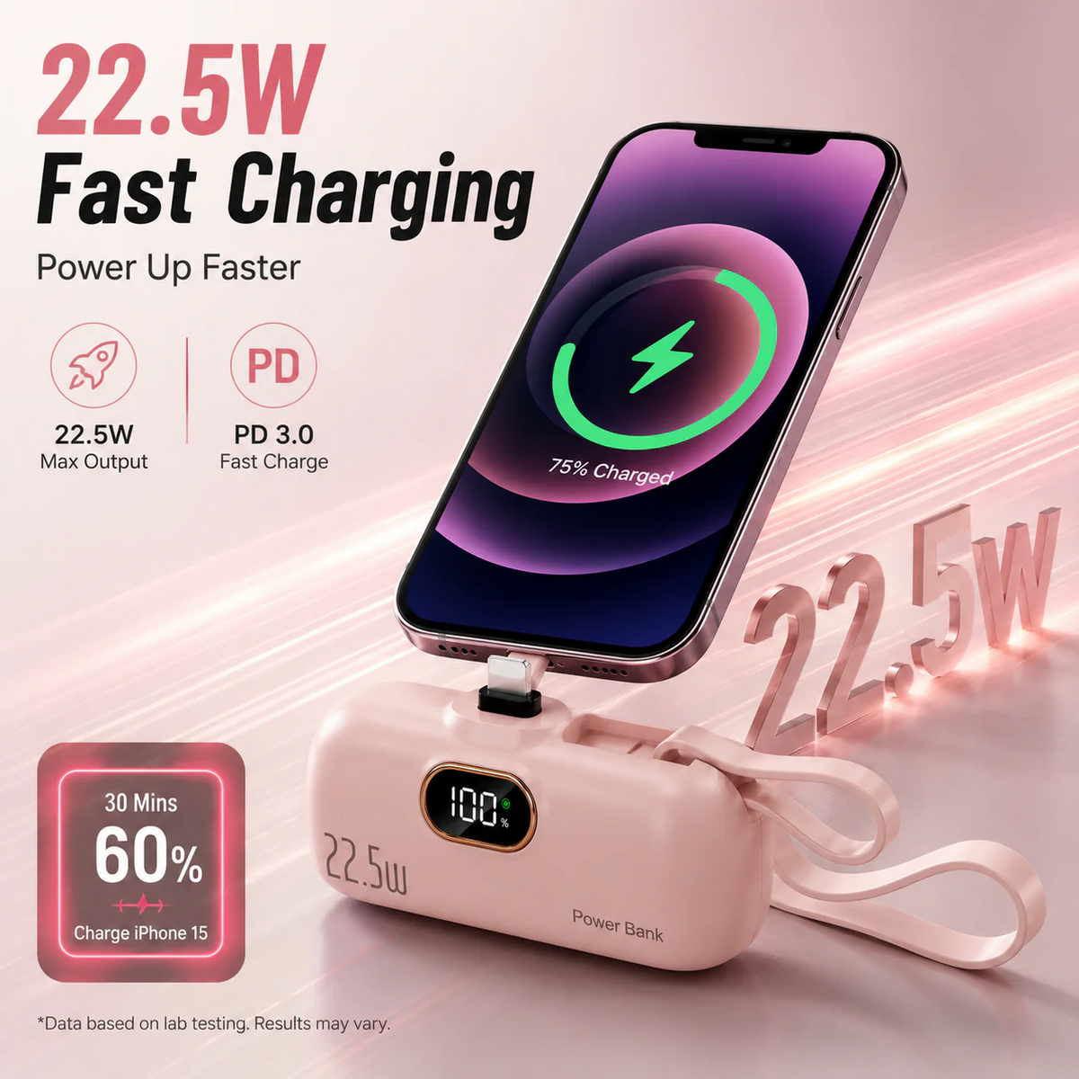 pocket power bank with built in cable 22-5W fast charging