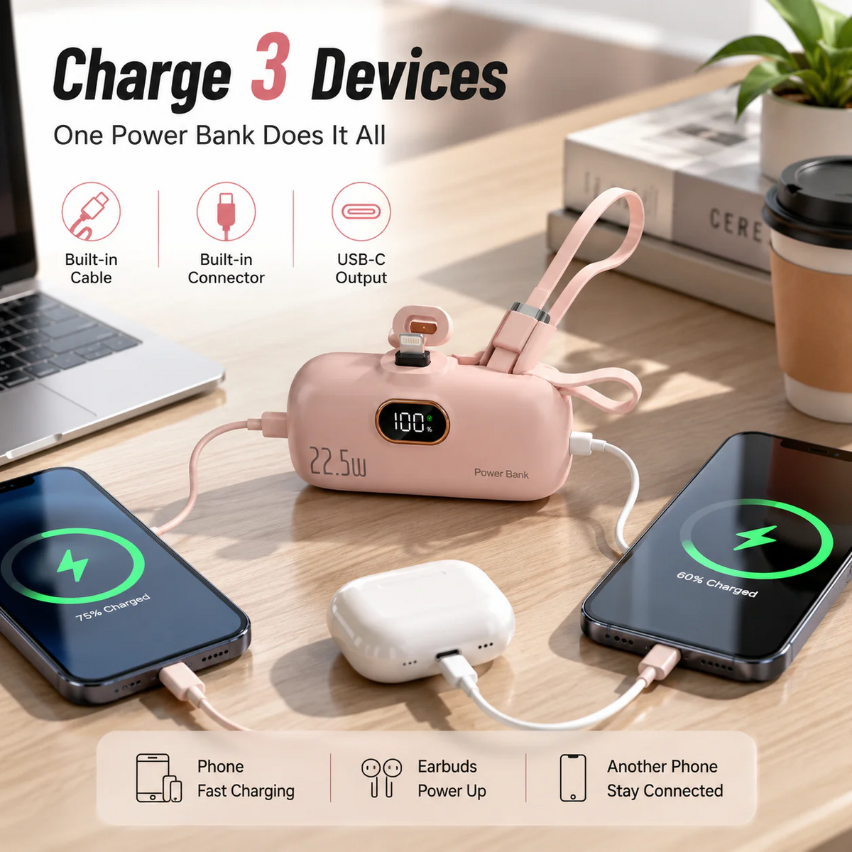 pocket power bank with built in cable 22-5W fast charging