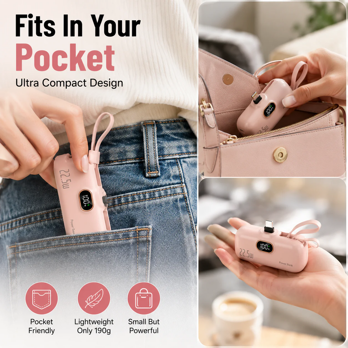 pocket power bank with built in cable 22-5W fast charging