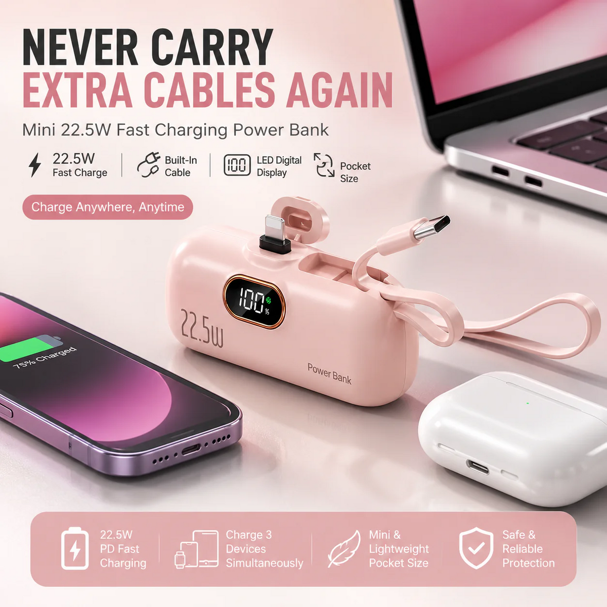 pocket power bank with built in cable 22-5W fast charging