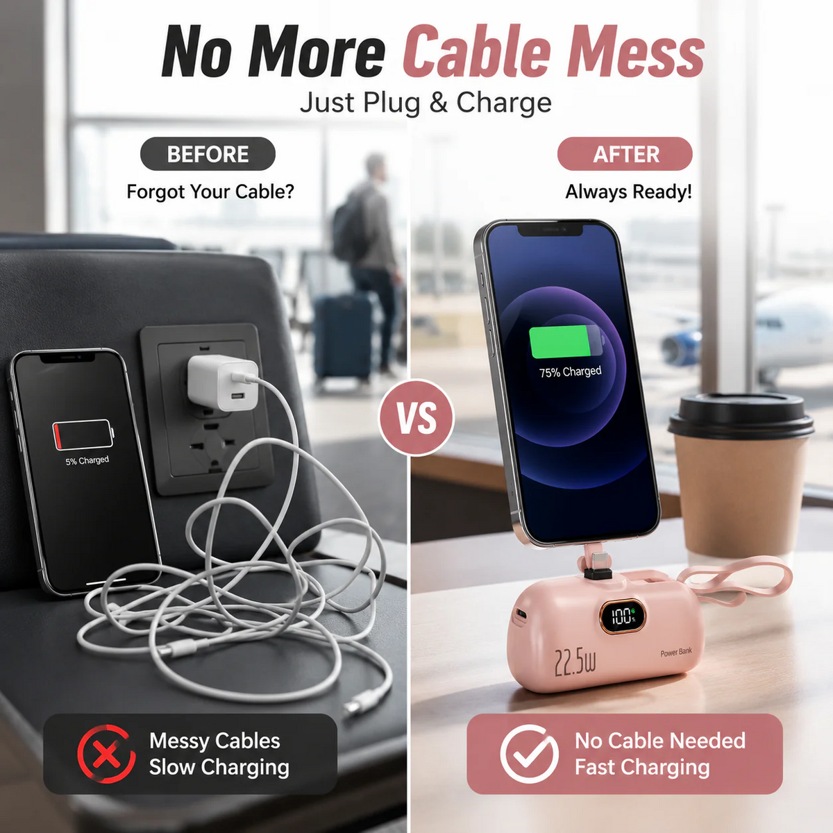 pocket power bank with built in cable 22-5W fast charging