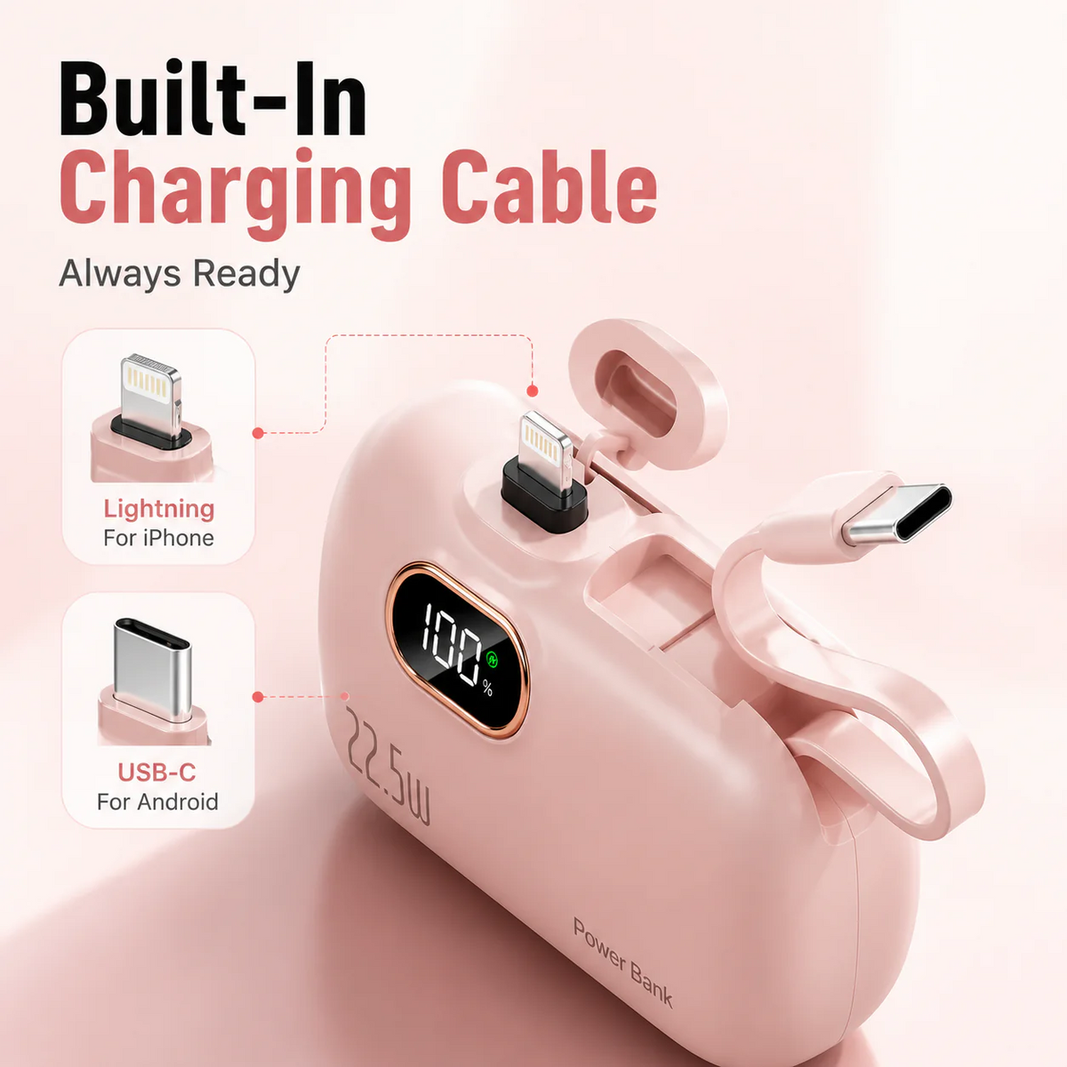 pocket power bank with built in cable 22-5W fast charging